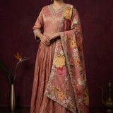 Dusty Rose Mauve Silk Anarkali Set With Multi-Color Floral Print & Gold Border