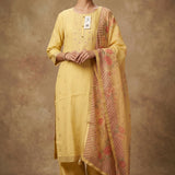 Soft Yellow Cotton Embroidered Straight Cut Suit With Floral Dupatta