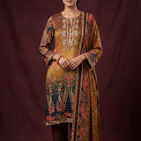 Gold Earthy Multi-Color Paisley Straight Kurti With Border Highlight & Churidar Set