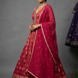 Deep Red Tissue Anarkali Set With Gold Butti & Embroidered Border
