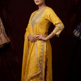 Bright Golden Yellow Straight Kurti With Gold Embroidered Yoke & Straight Pant Set