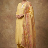 Soft Yellow Cotton Embroidered Straight Cut Suit With Floral Dupatta