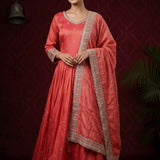 Coral Peach Silk Anarkali Set With Gota Border Embroidery