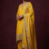 Bright Golden Yellow Cotton Sharara Set With Embroidered Border & All-Over Print Dupatta