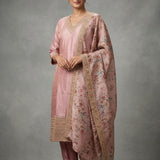 Pastel Pink Tissue Straight Kurti With Embroidered V-Neckline & Floral Dupatta