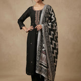 Black Cotton Embroidered Straight Cut Suit With Geometric Print Dupatta