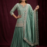 Sage Green Straight Kurti With Embroidered Floral Butti & Palazzo Set