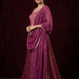 Deep Burgundy Silk Anarkali Set With Gold Butti Embroidery & Scoop Neckline