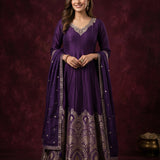 Deep Purple Silk Banarasi Anarkali Set With Woven Dupatta