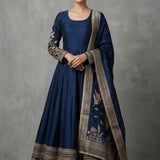 Deep Navy Blue Silk Traditional Bridal Gown With Gold Embroidered Shikargah Dupatta
