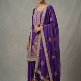Deep Purple Cotton Palazzo Set With Gold Embroidered Floral & Heavy Border Dupatta