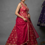 Deep Red Tissue Anarkali Set With Gold Butti & Embroidered Border