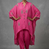 Bright Fuchsia Pink Cotton Indo Western Tunic With All-Over Gold Embroidered Feather Motif