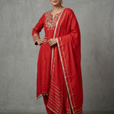 Bright Red Cotton Straight Kurti With Beaded V-Neckline & Gold Striped Dupatta