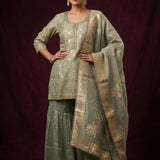 Sage Beige Cotton Palazzo Set With Embroidered Butti & Floral Dupatta