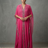 Bright Pink Georgette Indo Western Gown With Embroidered Shawl Cape