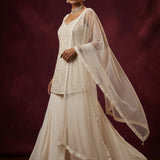 Cream White Georgette Palazzo Set With Chikankari Embroidered Blouse & Shawl