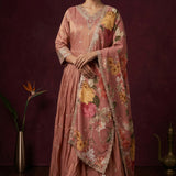 Dusty Rose Mauve Silk Anarkali Set With Multi-Color Floral Print & Gold Border