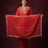 Bright Red Cotton Straight Kurti With Embroidered V-Neckline & Gold Woven Dupatta