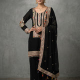 Jet Black Cotton Sharara Set With Gold Embroidered Yoke & Colorful Tassel Dupatta