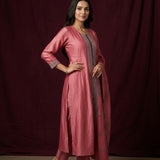 Blush Pink Silk Front Open Anarkali Pant Set With Dupatta