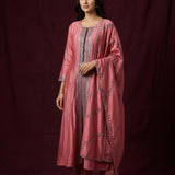 Blush Pink Silk Front Open Anarkali Pant Set With Dupatta