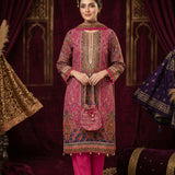 Deep Rose Pink Cotton Kani Weave Straight Kurti With Geometric Border & Bright Pink Straight Pant
