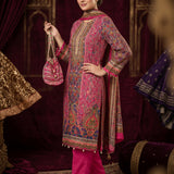 Deep Rose Pink Cotton Kani Weave Straight Kurti With Geometric Border & Bright Pink Straight Pant