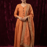 Rust Orange Silk Blend Anarkali Pant Set With Banarasi Dupatta