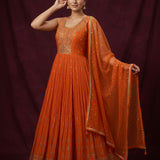 Bright Orange Georgette Anarkali Set With Gold Embroidered Butti & Scalloped Border