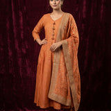 Rust Orange Silk Blend Anarkali Pant Set With Banarasi Dupatta