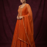 Bright Orange Georgette Anarkali Set With Gold Embroidered Butti & Scalloped Border