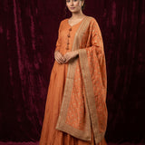 Rust Orange Silk Blend Anarkali Pant Set With Banarasi Dupatta
