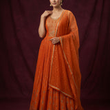 Bright Orange Georgette Anarkali Set With Gold Embroidered Butti & Scalloped Border