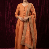 Rust Orange Silk Blend Anarkali Pant Set With Banarasi Dupatta