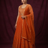 Bright Orange Georgette Anarkali Set With Gold Embroidered Butti & Scalloped Border