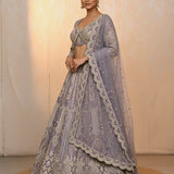 Lavender Grey Silk Lehenga Set - Intricate Jaal Pattern With Embroidered Border & Long Sleeve Dupatta
