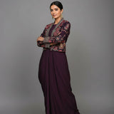 Wine Crepe Drape Anarkali Set With Embroidered Floral Jacket