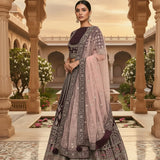 Regal Burgundy & Mauve Silk Lehenga Set - Floral Embroidered With Round Neckline & Embroidered Border Dupatta