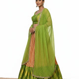 Haldi Green Silk Lehenga Set - Printed Dupatta With Peach Color Block & Embroidered Border