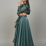 Teal Ruffled Indo-Western Gown - Sequin Embroidered Crop Top With Flowing Chiffon Skirt