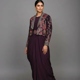 Wine Crepe Drape Anarkali Set With Embroidered Floral Jacket