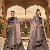 Regal Burgundy & Mauve Silk Lehenga Set - Floral Embroidered With Round Neckline & Embroidered Border Dupatta