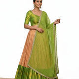 Haldi Green Silk Lehenga Set - Printed Dupatta With Peach Color Block & Embroidered Border