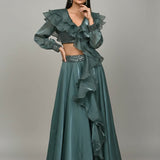 Teal Ruffled Indo-Western Gown - Sequin Embroidered Crop Top With Flowing Chiffon Skirt