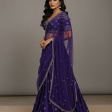 Deep Blue Silk Bridal Lehenga Set With Embroidered Net Dupatta