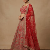 Crimson Elegance Embroidered Silk Lehenga Set - Bridal Jaal & Border Highlight
