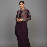 Wine Crepe Drape Anarkali Set With Embroidered Floral Jacket