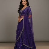 Deep Blue Silk Bridal Lehenga Set With Embroidered Net Dupatta