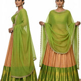 Haldi Green Silk Lehenga Set - Printed Dupatta With Peach Color Block & Embroidered Border